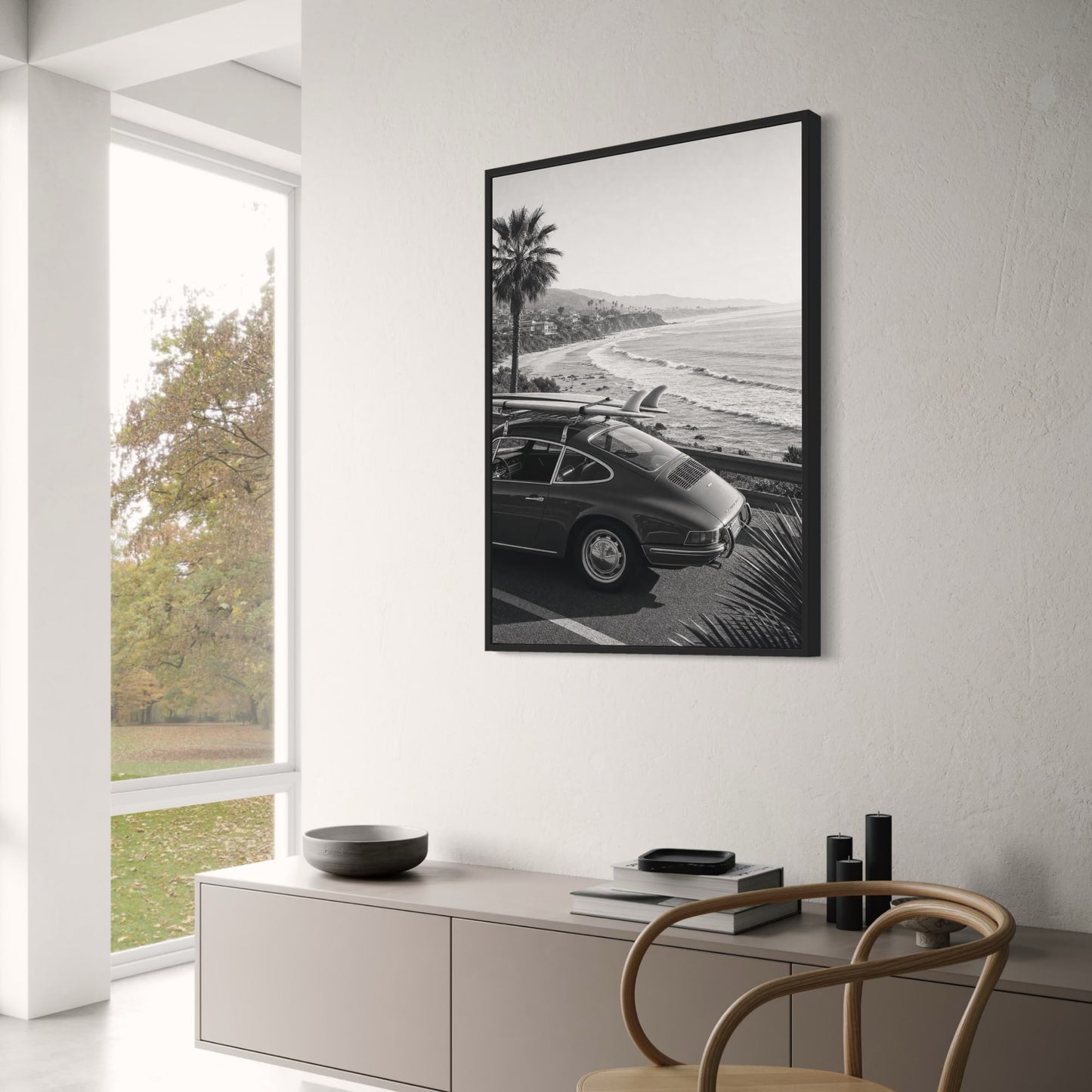 Vintage Beach Drive | Classic Car with Surfboard by Ocean | Palm Trees Scenic View Art Print Poster