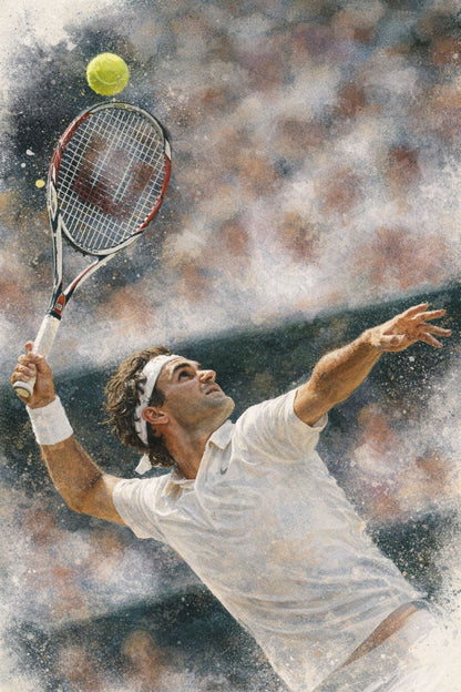 Roger Federer | Tennis Scene | Watercolor Style | Action-Packed Tennis Player Serve | Sport Room Art | Vibrant Action Poster Print