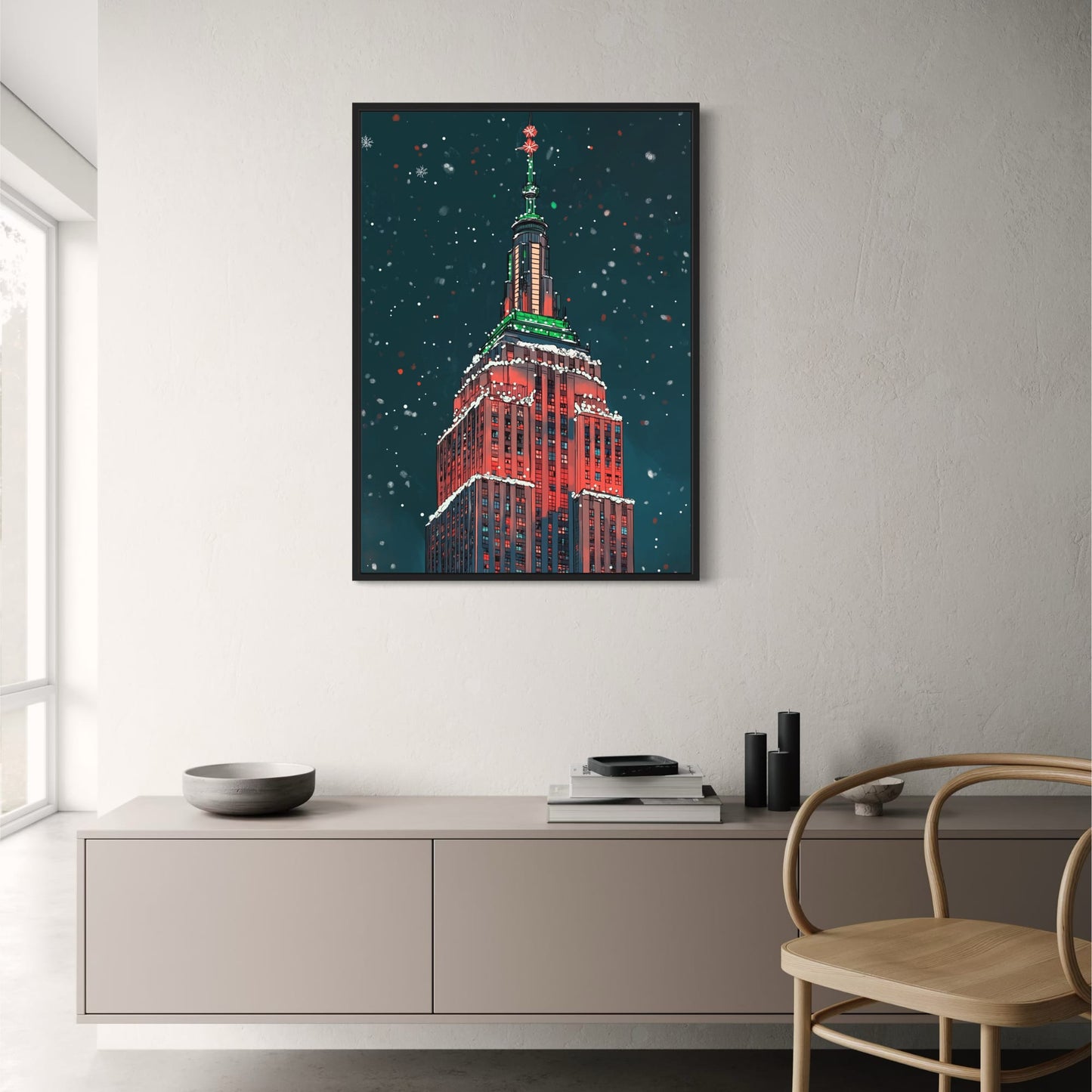Festive Winter Night Art Print | Illuminated Art Deco Skyscraper in Holiday Lights | Snowy Urban Landscape | Christmas Colors Poster | Seasonal Decor | Magic of a Holiday Cityscape Print