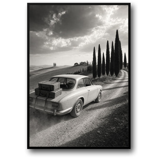Vintage Italian Countryside Scene | Classic Car Landscape | Black and White Art Print | Retro Travel Decor Poster