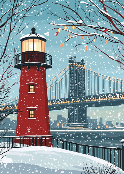 Scenic Winter Wonderland Art | Red Lighthouse in Snow | Cityscape & Bridge | Holiday Lights & Falling Snowflakes | Nature Enthusiast Gift | Large Wall Print | Tranquil Seasonal Decor | Serene Atmosphere