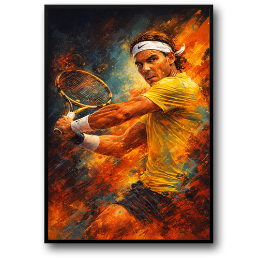 Rafael Nadal | Energetic Tennis Player Art | Sports Print | Vivid Brushstroke Style Poster | Motivational Wall Decoration | Vibrant Yellow and Orange Colors Artwork | Perfect Gift for Tennis Enthusiasts
