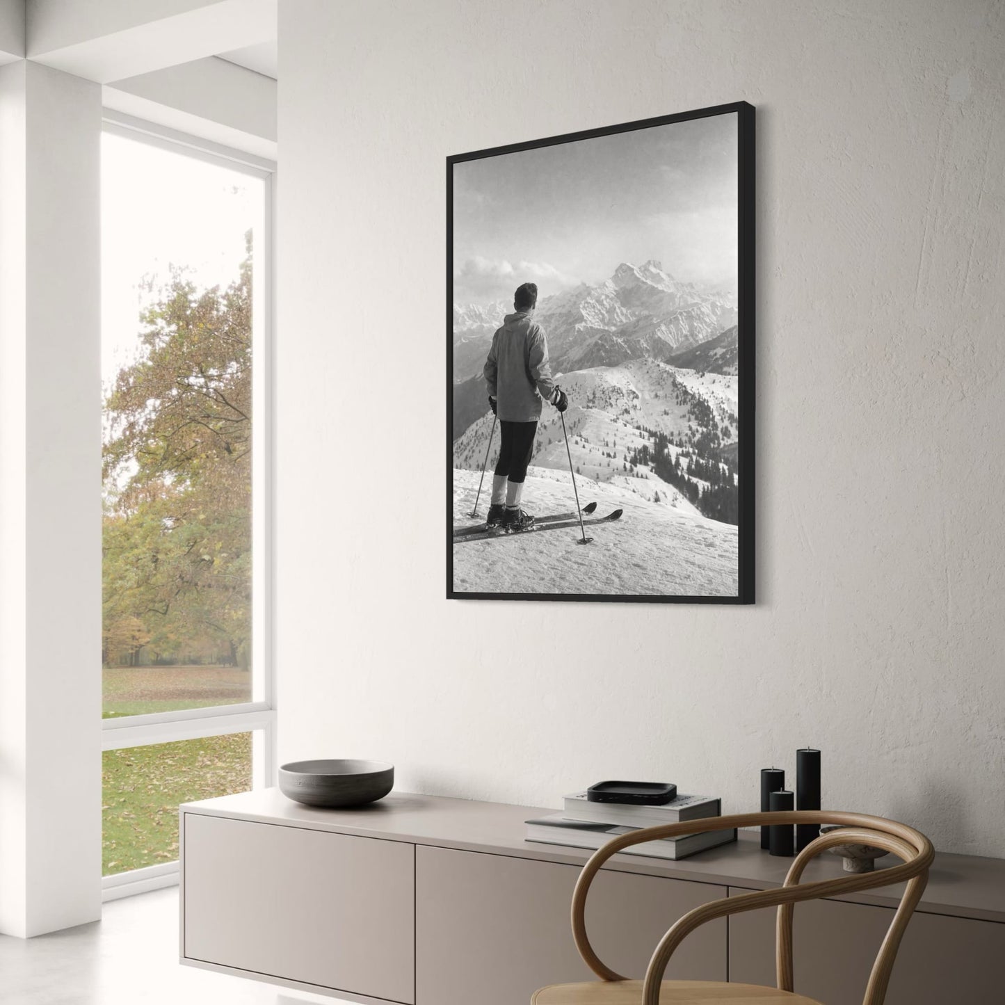 Vintage Skiing Adventure | Scenic Mountain Landscape Art | Black and White Winter Sports Poster Print