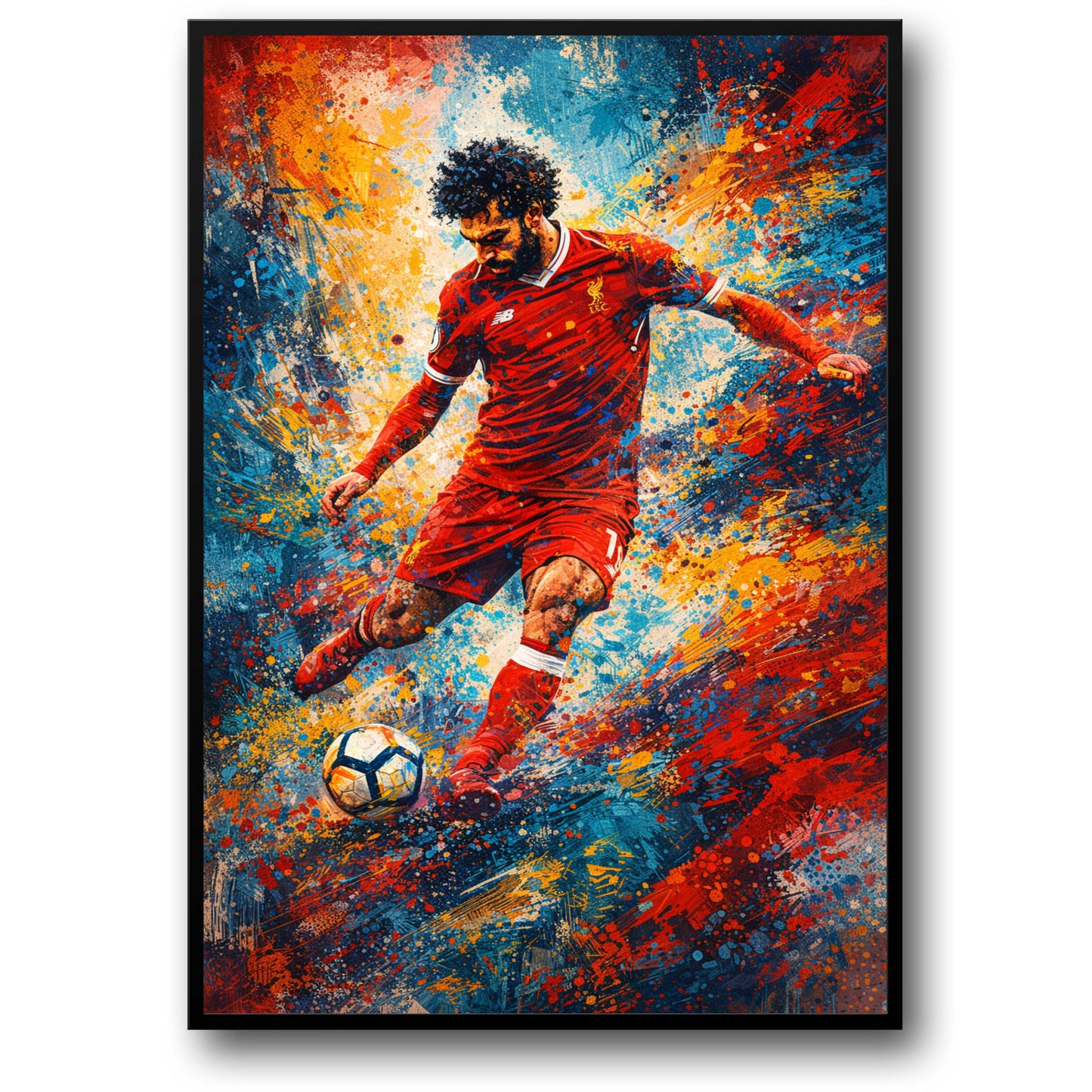 Mohamed Salah | Soccer Action | Vibrant Splatter Art | Abstract Football Print | Expressive Brush Strokes | Red Sports Uniform | Sports Enthusiasts Decor | High-Quality Poster for Home or Office
