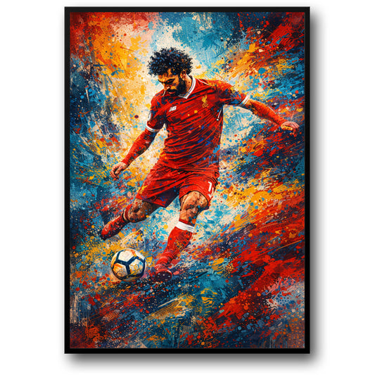 Mohamed Salah | Soccer Action | Vibrant Splatter Art | Abstract Football Print | Expressive Brush Strokes | Red Sports Uniform | Sports Enthusiasts Decor | High-Quality Poster for Home or Office