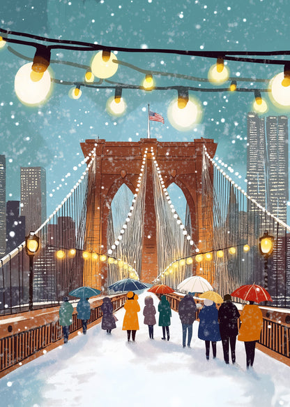 Brooklyn Bridge Winter Wonderland | Vibrant New York City Art | Urban Landscape with Festive Lights & Snowflakes | Holiday Season Poster | Perfect Urban Scenery Decor | NYC Themed Print