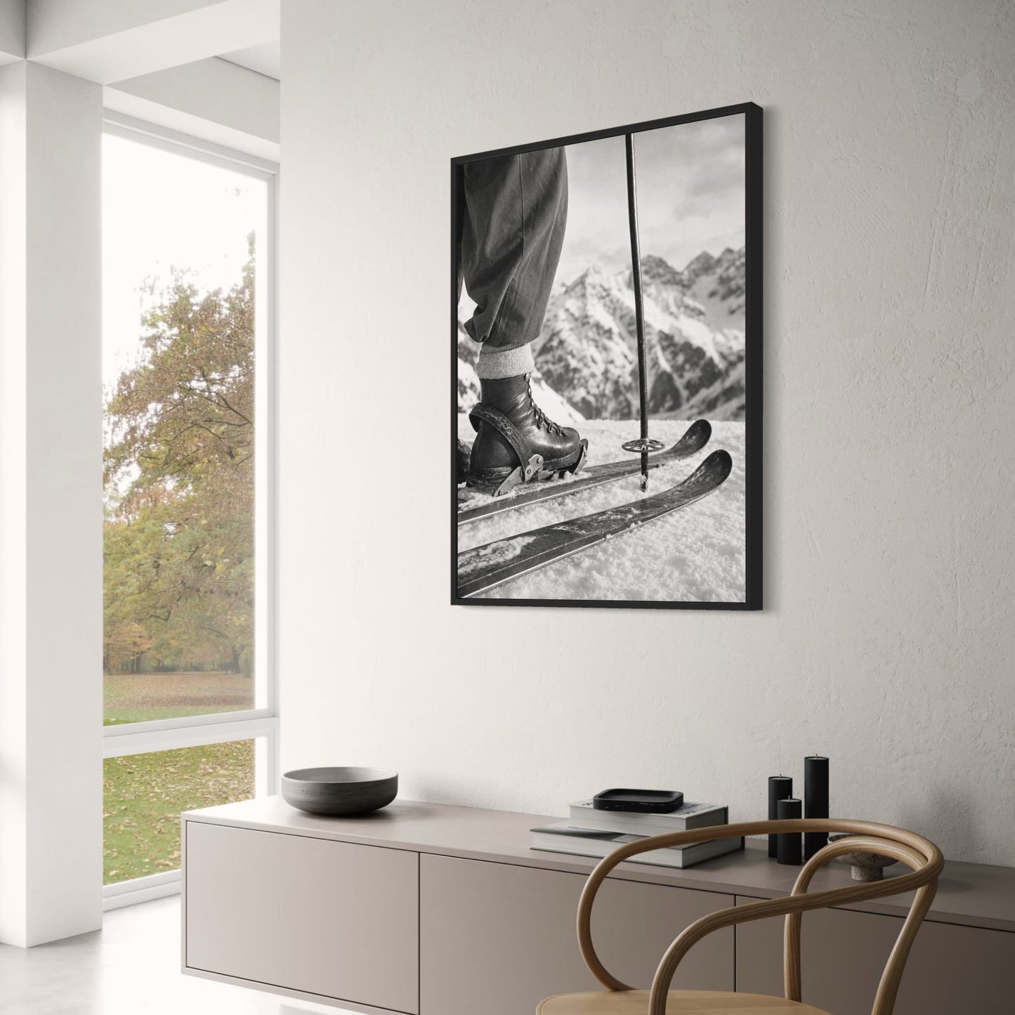 Vintage Ski Boots and Skis on Snowy Mountain | Retro Winter Sports Wall Art | Black and White Photography Print Poster