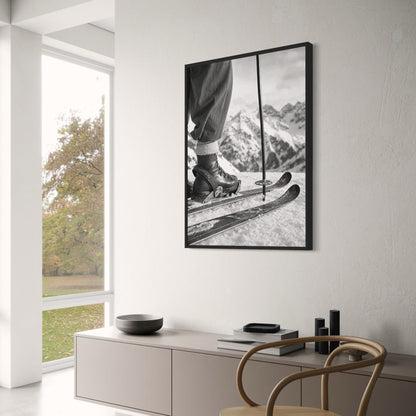 Vintage Ski Boots and Skis on Snowy Mountain | Retro Winter Sports Wall Art | Black and White Photography Print Poster