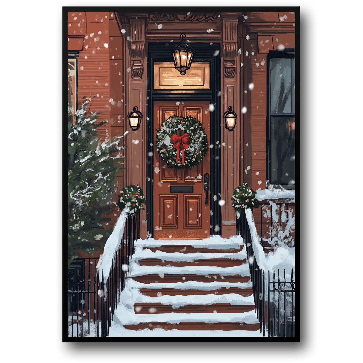 Charming Festive Snowy Brownstone Porch | Holiday Wreath & Lanterns | Cozy Winter Scene Wall Art | Decorative Seasonal Print Poster