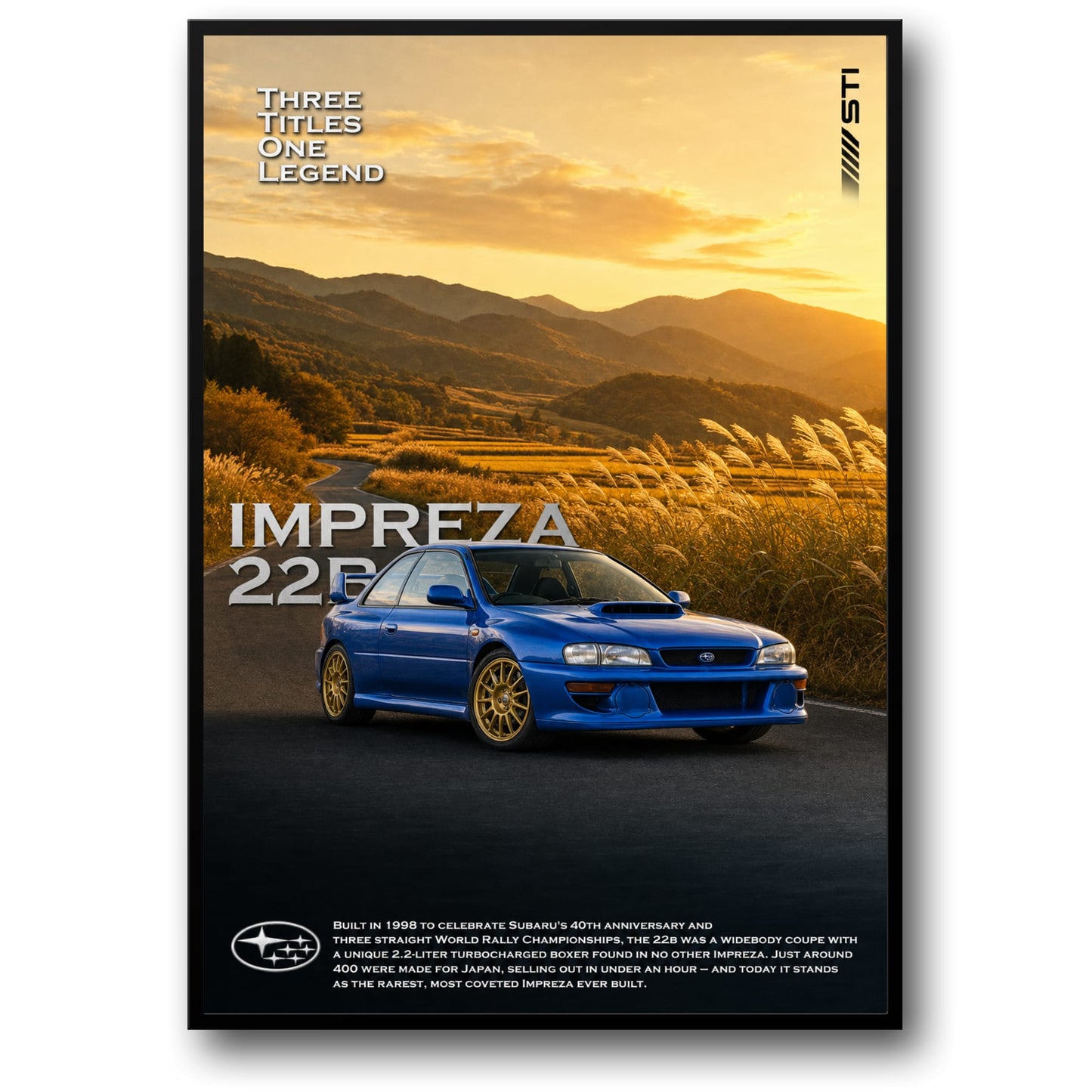 Legendary Rally Car Print | Impreza 22B | Iconic Sports Car Poster | Subaru Rally Heritage Art | Collectible Automotive Poster