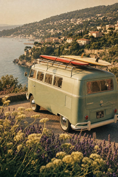 Vintage Camper Van by Seaside | Scenic Landscape | Retro Travel Art Print | Coastal View | Adventure Poster