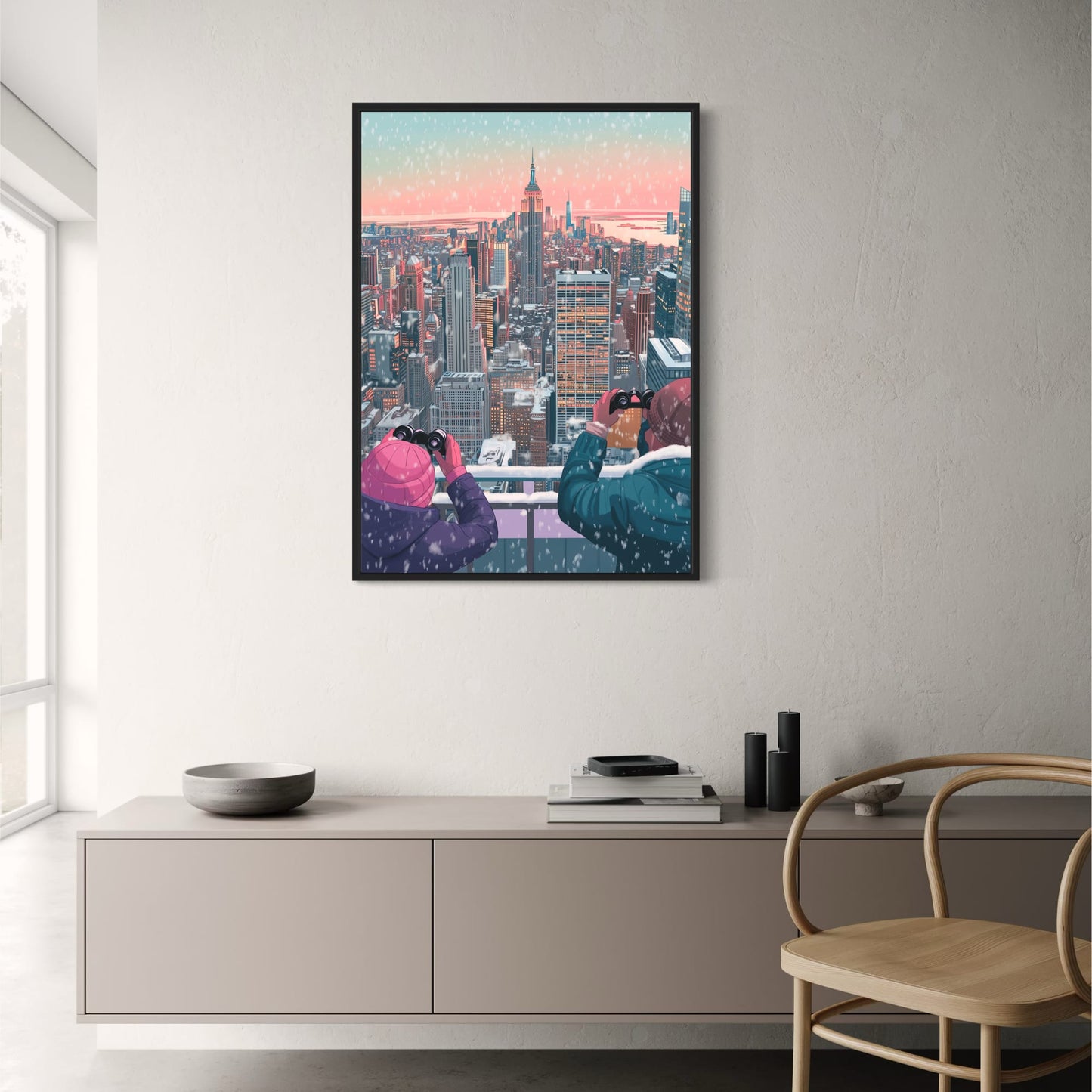 Scenic Winter Cityscape | Iconic Urban Skyline | Snowfall Scene | Dual Figures with Binoculars | Stunning Skyscrapers | Sunset Poster | Premium Quality Print | Captivating Wall Art for Home or Office Decor