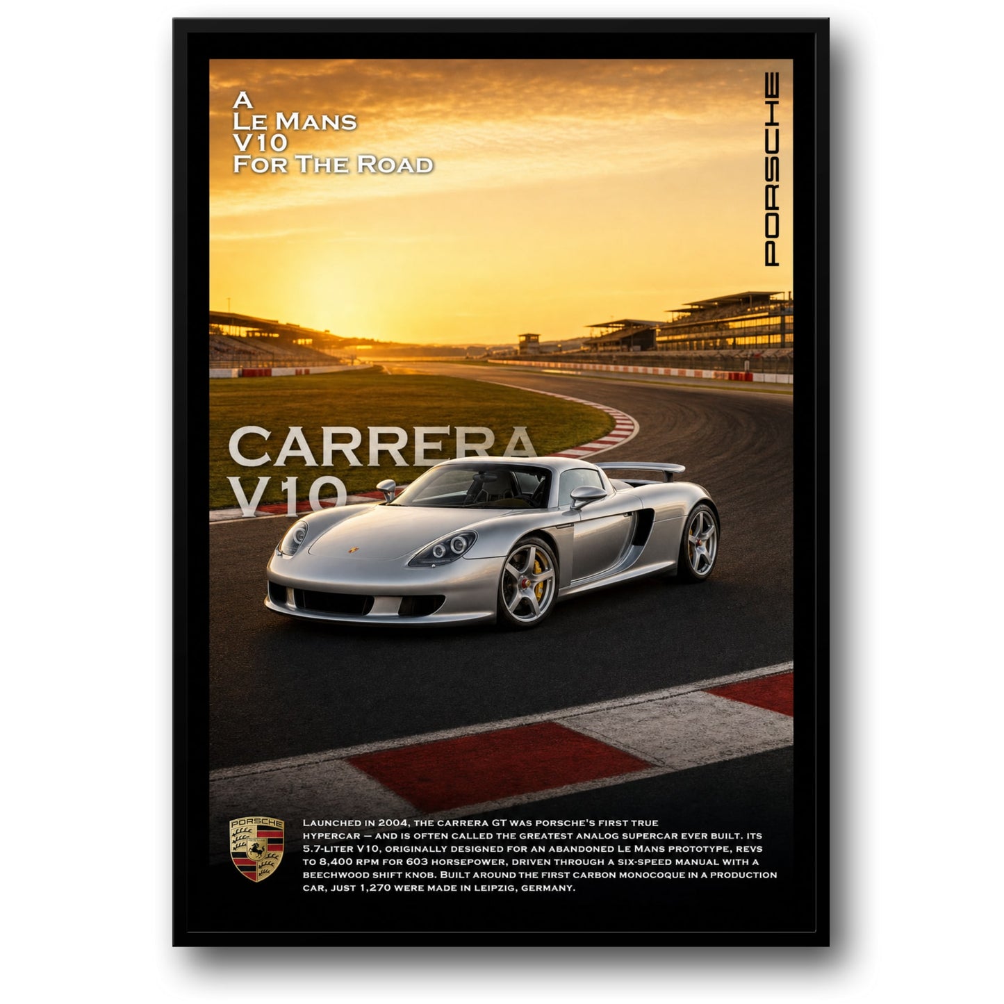 Porsche Carrera GT | Iconic Supercar V10 | Le Mans Road Legend Poster | High Performance Sunset Track Scene Wall Art Print