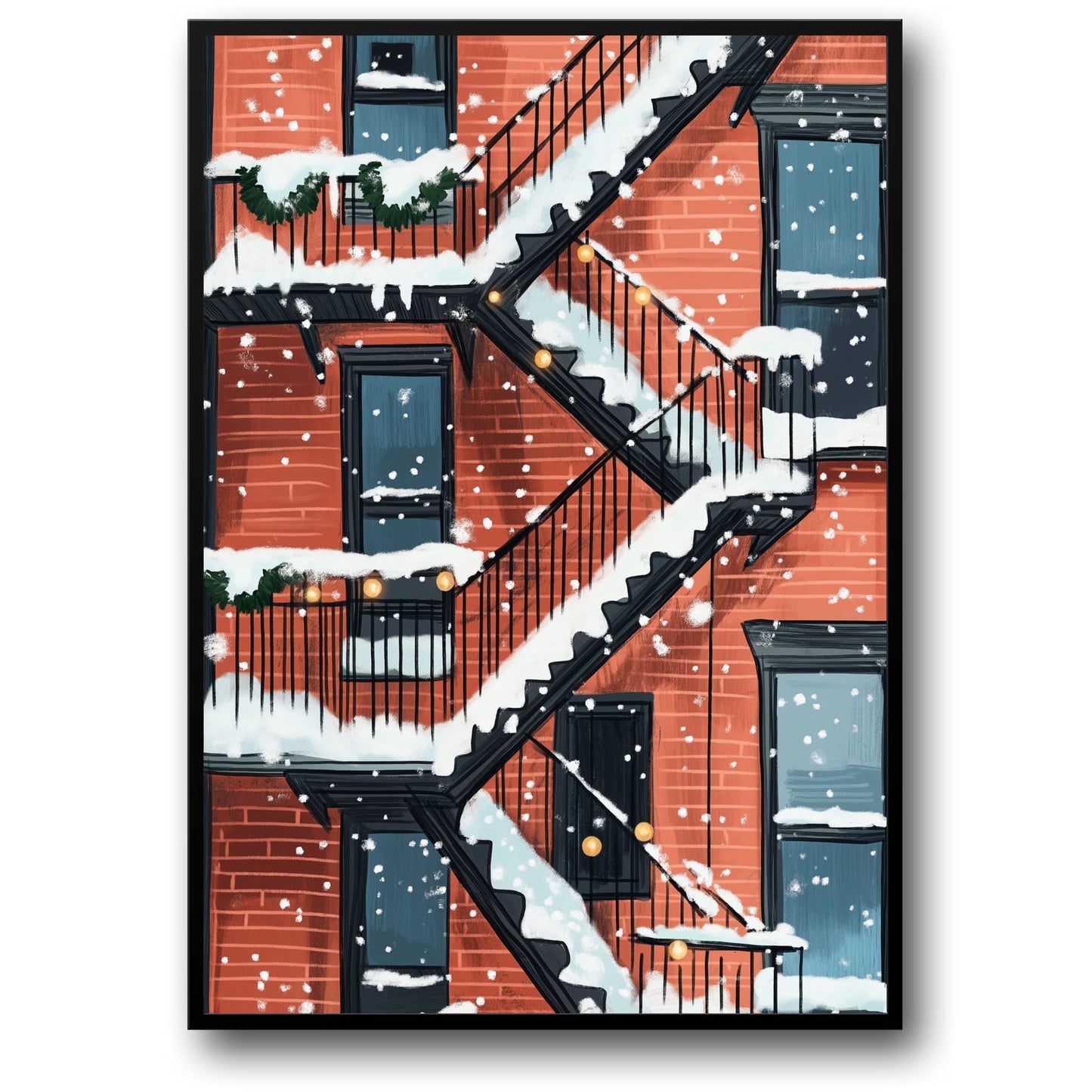 Charming Urban Fire Escape Snow Scene | Brick Building with Holiday Greenery & String Lights | Winter City Poster | Art Print | Wall Decor for City Lovers & Architecture Enthusiasts | Seasonal Artwork