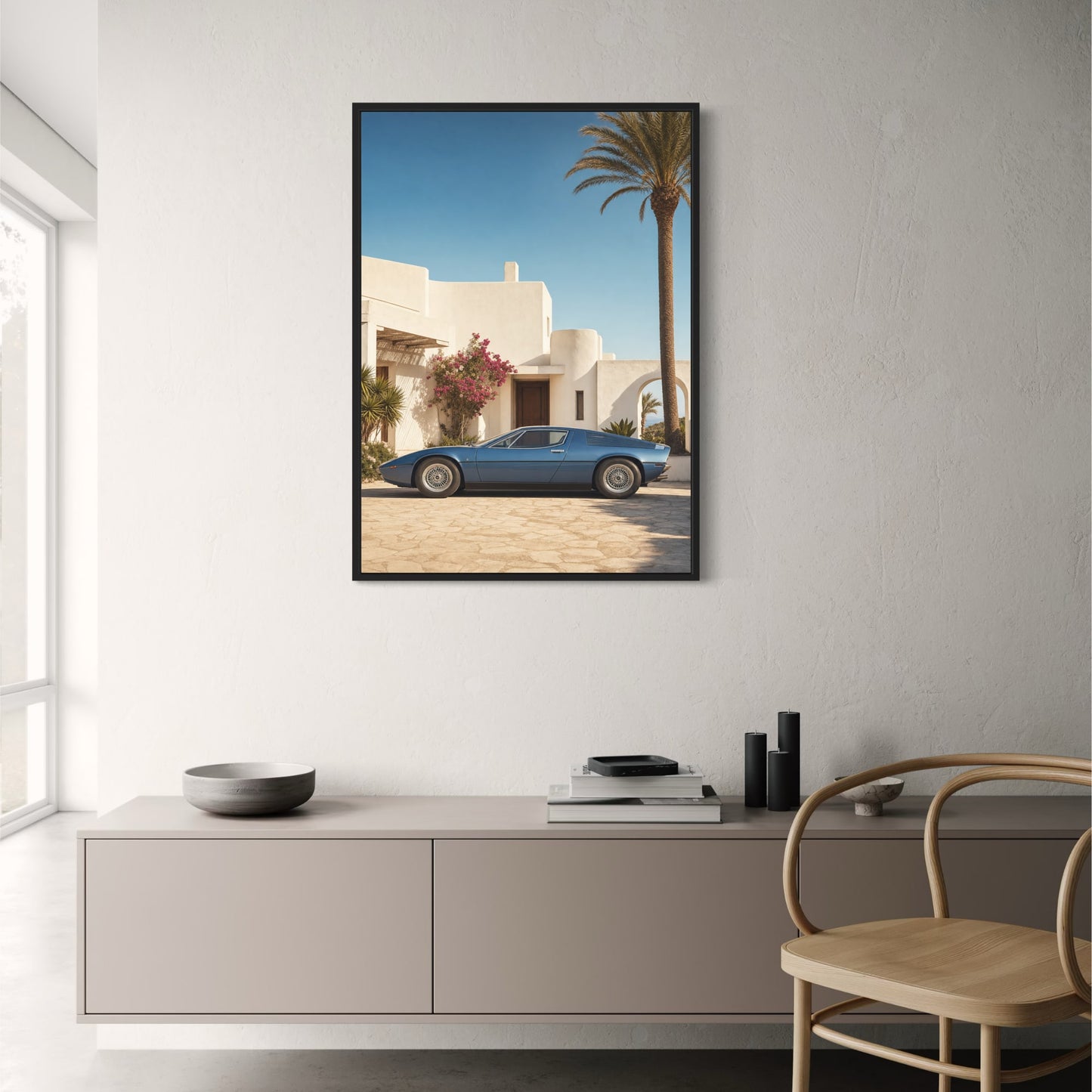 Classic Blue Sports Car | Mediterranean Villa | Luxury Auto Art Print Poster | Retro Design | Wall Decor