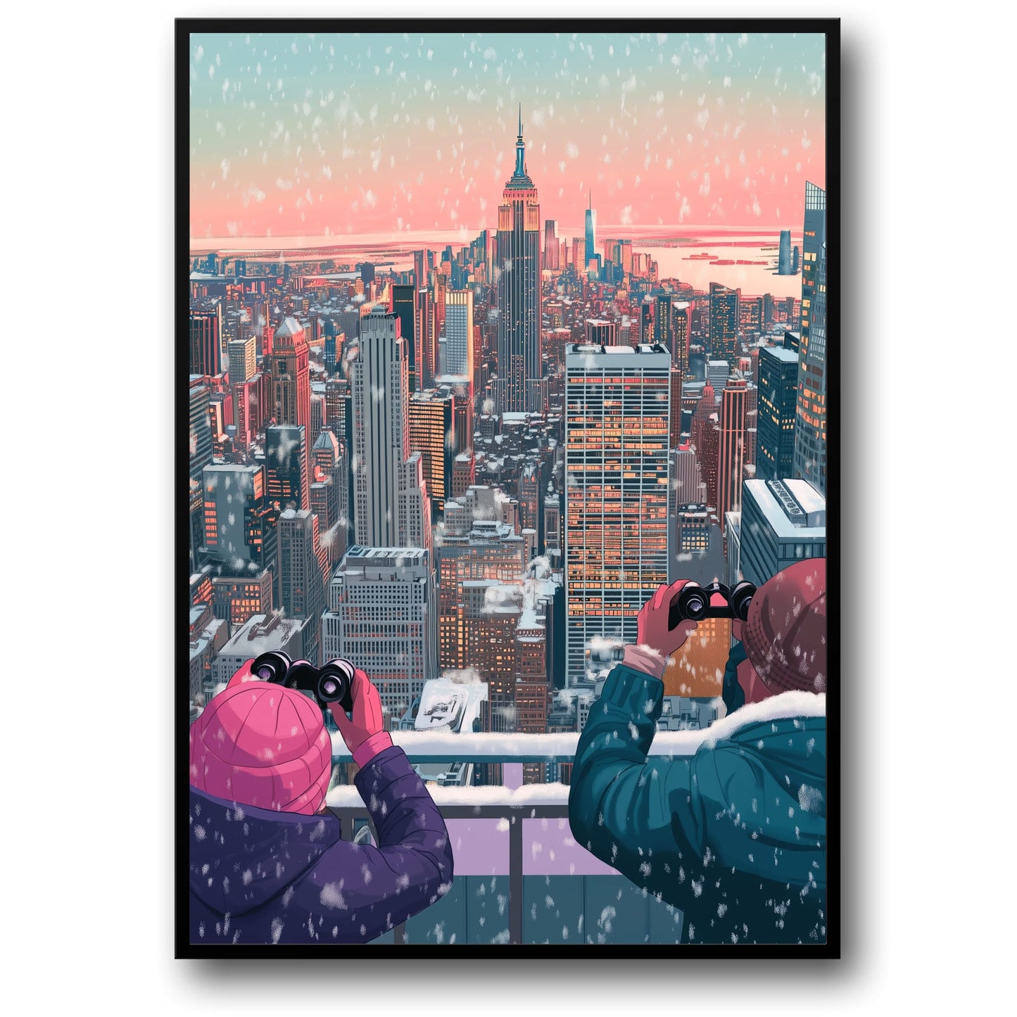 Scenic Winter Cityscape | Iconic Urban Skyline | Snowfall Scene | Dual Figures with Binoculars | Stunning Skyscrapers | Sunset Poster | Premium Quality Print | Captivating Wall Art for Home or Office Decor