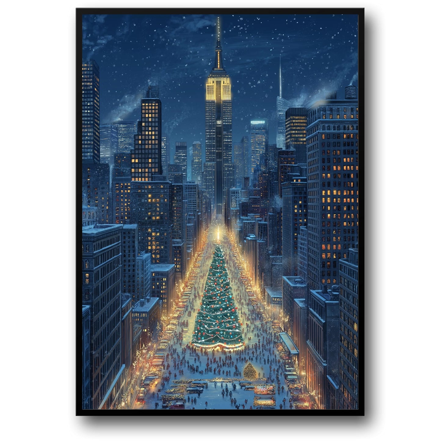 Majestic Winter Night | Christmas Tree Cityscape | Snow-Covered City | Holiday Atmosphere | Festive Scene | Urban Poster | Print
