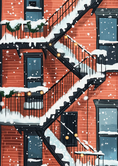 Charming Urban Fire Escape Snow Scene | Brick Building with Holiday Greenery & String Lights | Winter City Poster | Art Print | Wall Decor for City Lovers & Architecture Enthusiasts | Seasonal Artwork