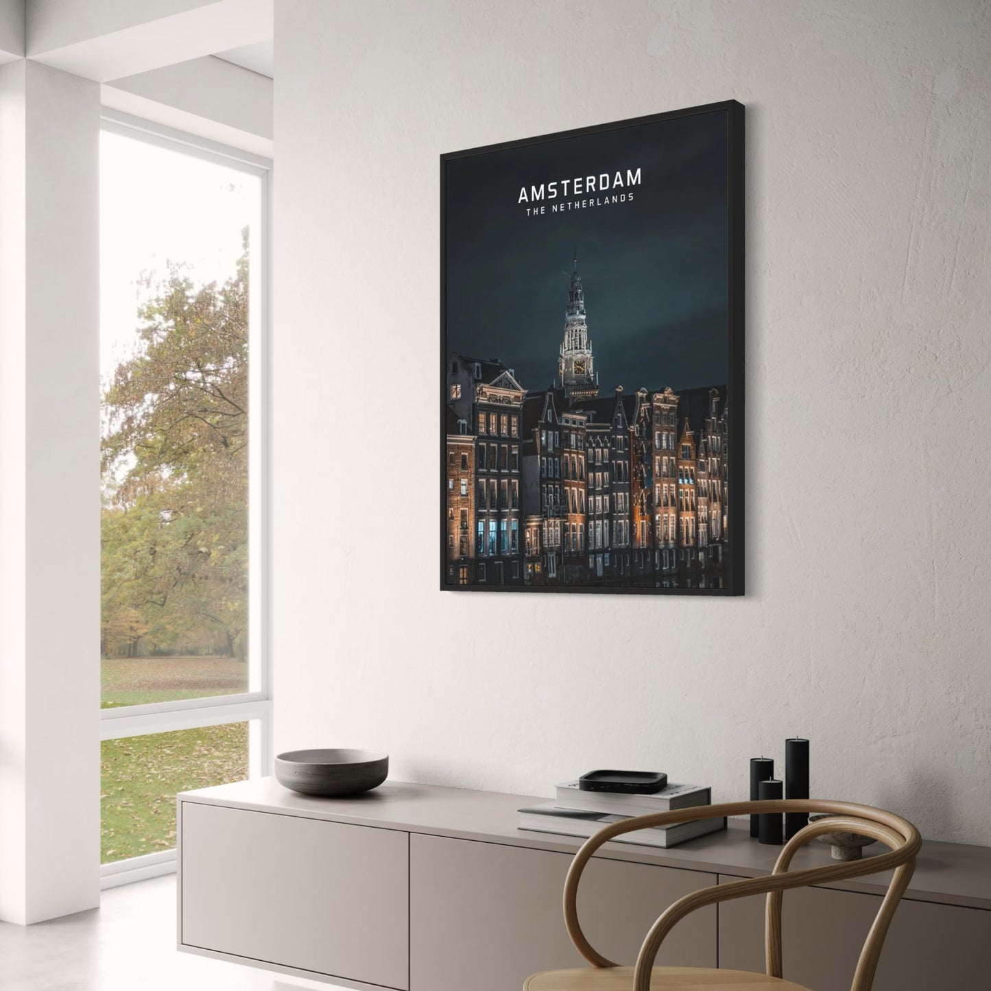 Amsterdam Canal Homes at Night Poster | Scenic European Cityscape Art | The Netherlands Wall Decor | Nighttime Urban Photography
