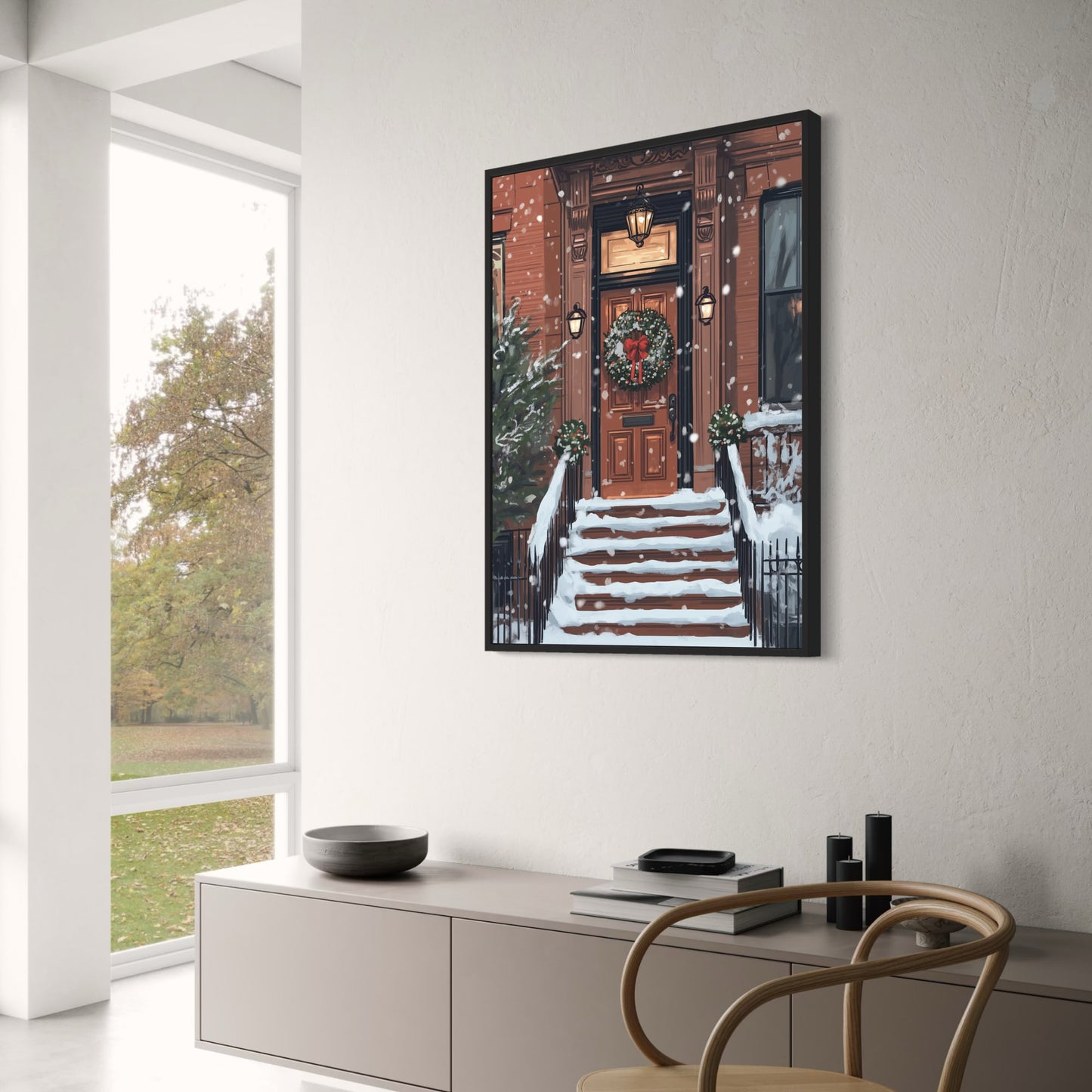 Charming Snowy Brownstone Porch | Cozy Winter Scene