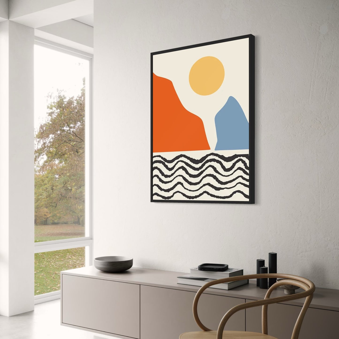 Piet Mondrian Inspired Poster | Red & Blue Abstract Mountains | Waves Art Decor