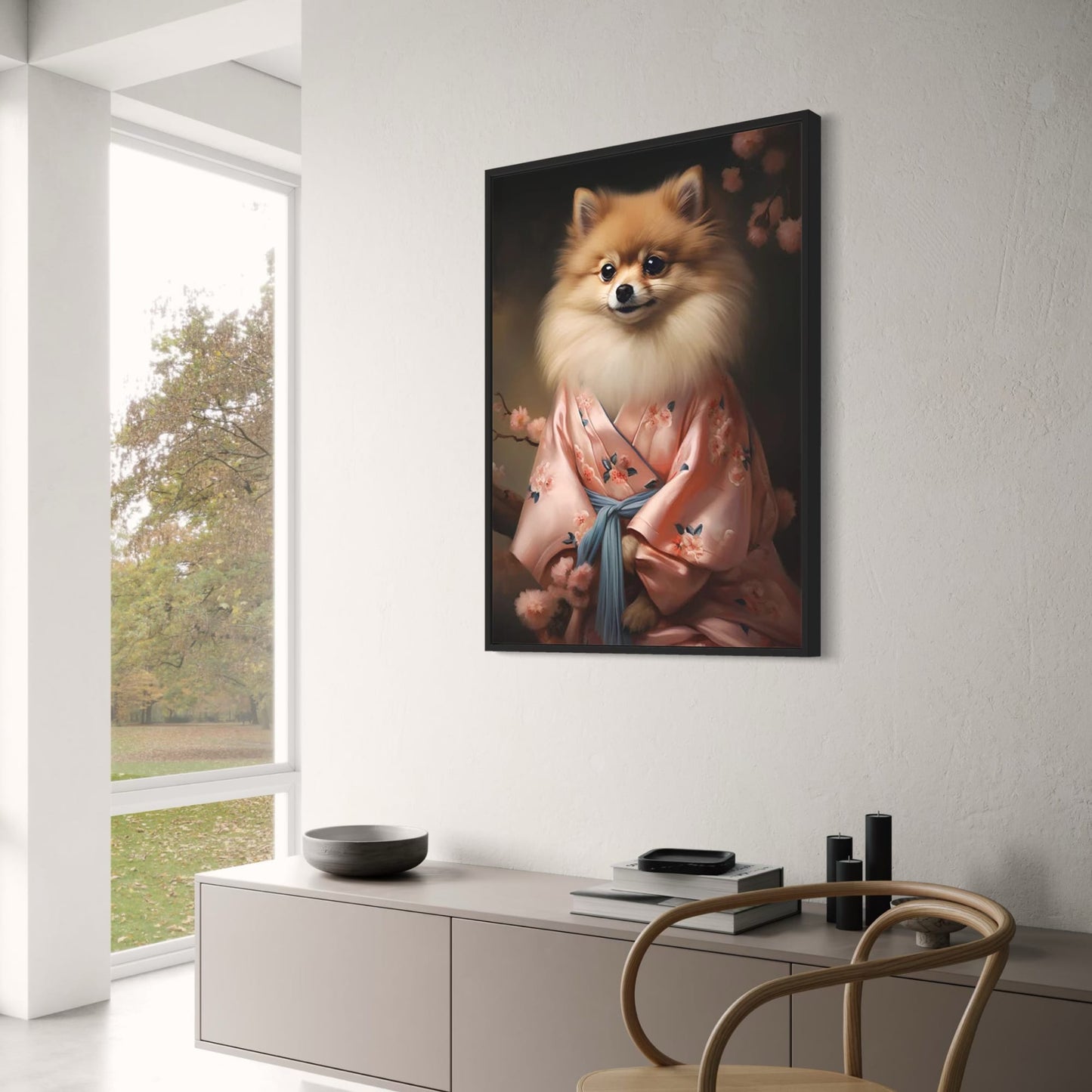 Cherry Blossom Serenity Poster | Pomeranian Dog in Soft Pink | Spring Floral Art Wall Decor