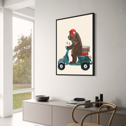 Bear's Scooter Serenade Poster | Whimsical Animal Art | Playful Backdrop for Kids Room Decor | Vibrant Animated Illustration