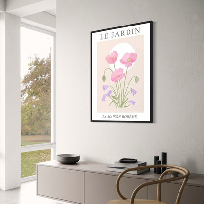 Les Fleurs Poster | Pink Poppies & Purple Bellflowers | Floral Art Décor for Home & Garden