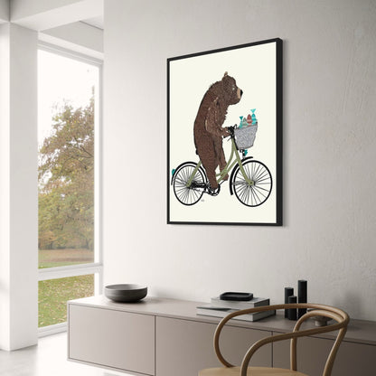Bear and Fishes Poster | Whimsical Wheels Artwork | Joyful Animated Adventure Decor