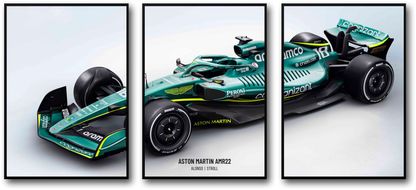 Formula 1 Car Poster | Triple Panel Wall Art | Aston Martin F1 Racing Theme Decor | 3 Piece Set
