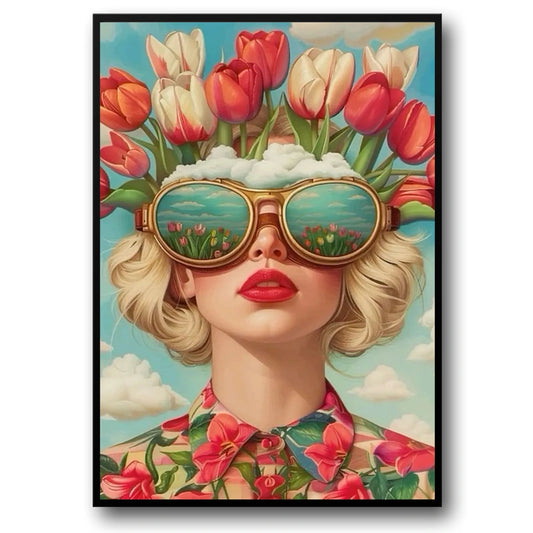 Floral Girl Poster | Tulip Crown | Serene Sky Reflection | Spring Essence Decor | Sunglasses Art