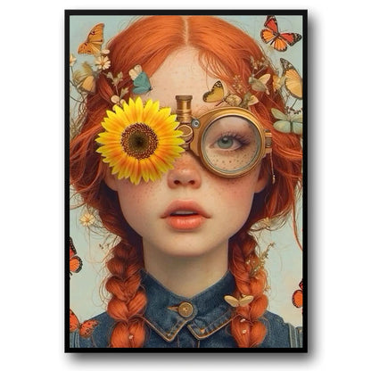Floral Girl Poster | Butterfly Gaze | Sunflower Adorned Young Girl | Steampunk Lens Effect | Whimsical Home Decor