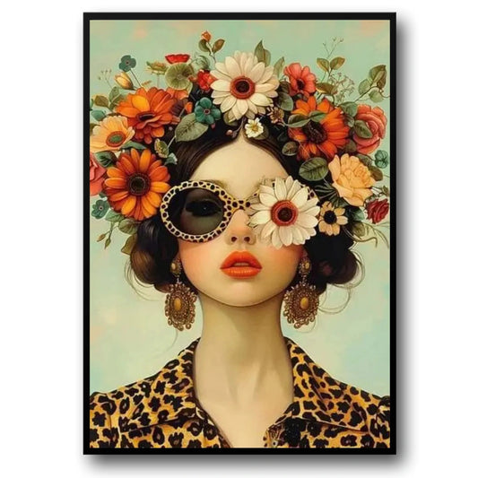 Floral Girl Poster | Chic Sunglasses & Blooming Crown Art | Vibrant Blossom Spectacle Wall Decor