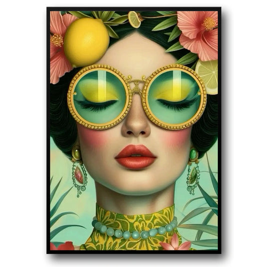 Floral Girl Poster | Vintage Flower Optics | Woman with Floral Sunglasses amidst Blooming Garden
