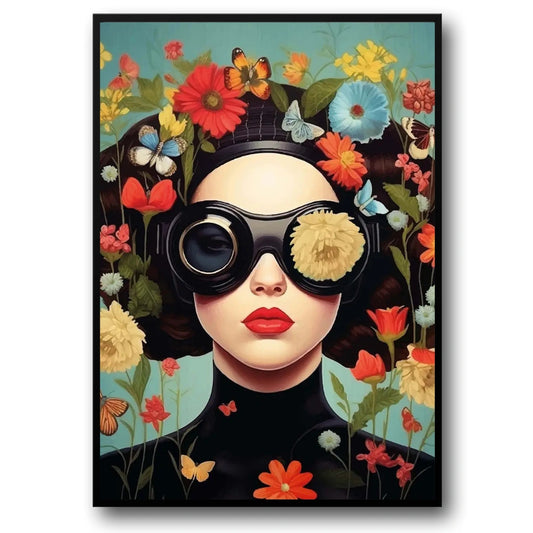 Floral Girl Poster | Surreal Garden Goggles Panorama | Immersive Floral Scene | Lush Nature Vision