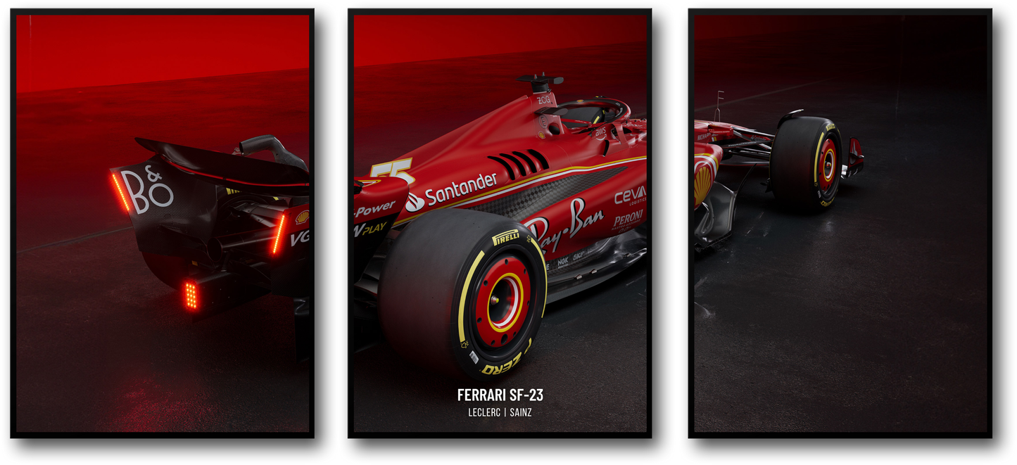 3-Piece | Ferrari F1 | Grand Prix Racing Car Poster Set | Triple Panel Wall Art | Charles Leclerc Poster | Lewis Hamilton Poster | Formula One Decor