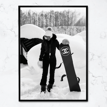 Chanel Snowboard Enthusiast Poster | Fashionable Girl Illustration | Winter Sports Decor | Wall Art for Modern Interiors | Luxury Brand Poster