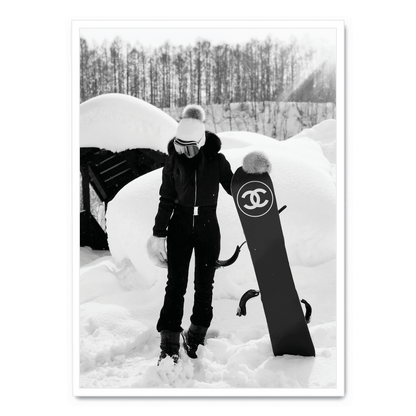 Chanel Snowboard Enthusiast Poster | Fashionable Girl Illustration | Winter Sports Decor | Wall Art for Modern Interiors | Luxury Brand Poster