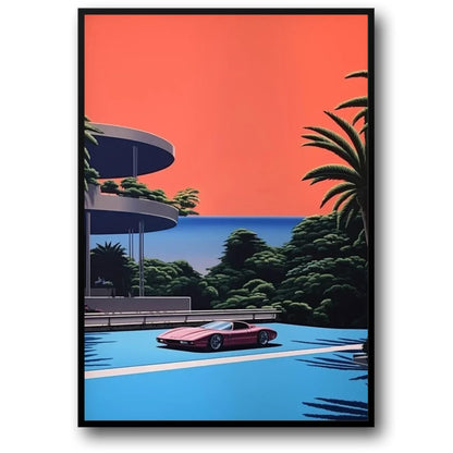 Retro Vaporwave Cityscape | Hiroshi Nagai Poster | Japanese Tropical Beach Car Art | Canvas Wall Decor