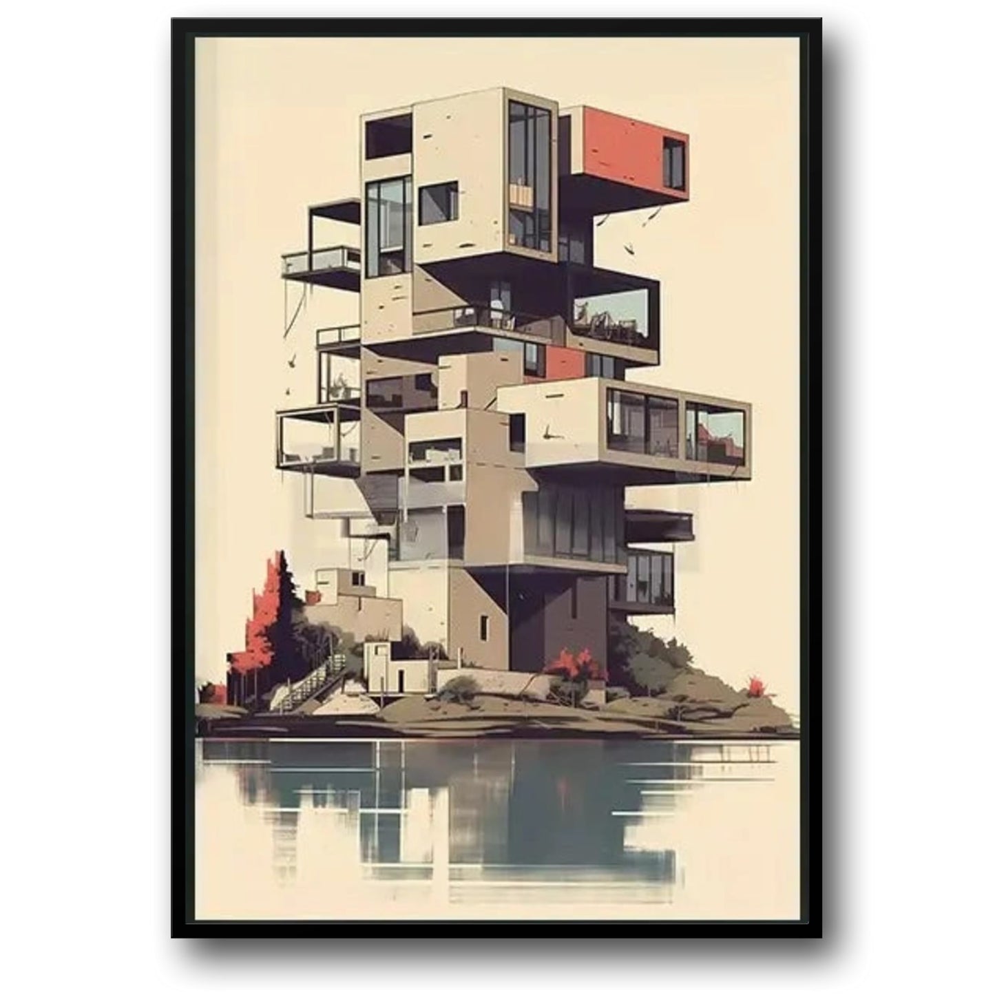 Lakeside Modern Architecture Poster | Layered Building Art Print | Minimalist Landscape | Stylish Wall Decoration