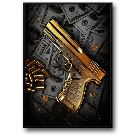 Golden Gun Poster  Luxury Money and Weapon Art Print | Home Decor | Decoration Poster
