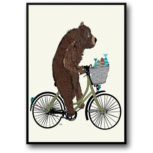 Bear and Fishes Poster | Whimsical Wheels Artwork | Joyful Animated Adventure Decor