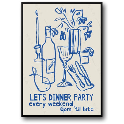 Vintage Kitchen Art Poster | Let's Diner Party | Food & Drink Wall Decor | Retro Style Home Decoration