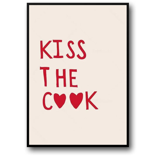 Minimalist Hand Drawn Kitchen Art Poster | Kiss The Cook Design | Wall Decor for Home & Garden | Black and White Artwork