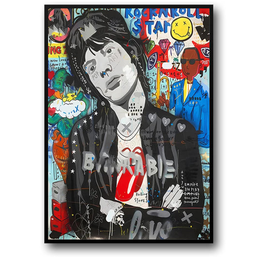 Abstract Street Pop Art Poster | Mick Jagger Portrait | Graffiti Canvas Print | Wall Art for Living Room Decor