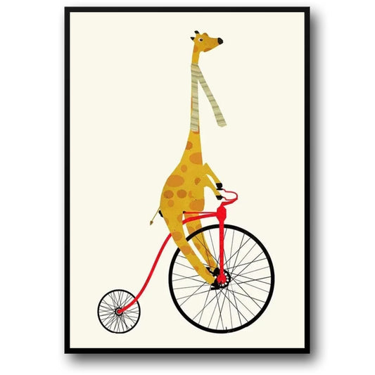 Giraffe's Solo Cycle Poster | Whimsical Wheels Artwork | Joyful Animated Adventures Decor