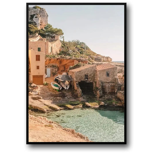 Italian Town Poster | Scenic Beach View | Home Décor Artwork | Coastal Landscape Scene