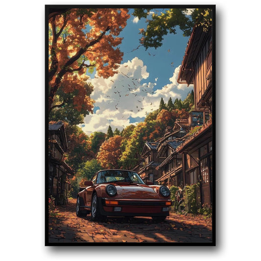 Vintage Red Sports Car | Autumn Village | Japanese Architecture | Maple Trees