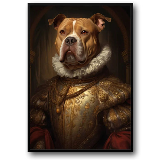 Guardian of the Realm Poster | Pitbull in Golden Armor | Regal Dog Artwork for Home Decor