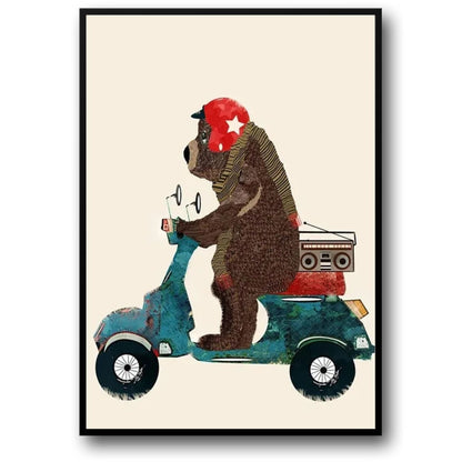 Bear's Scooter Serenade Poster | Whimsical Animal Art | Playful Backdrop for Kids Room Decor | Vibrant Animated Illustration
